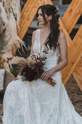 Vestidos de novia sencillos, largos, con escote en V, encaje y espalda descubierta