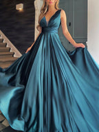 Simple Long A-line V-neck Satin Prom Dress White Formal Graduation Evening Dresses with Pockets