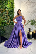 Simple Long Blue A-line One Shoulder Sleeveless Evening Dresses With Slit