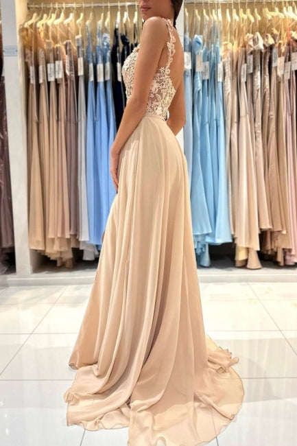Vestidos de noite simples, longos, em renda champanhe, sem mangas, corte em A, com racha