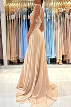Vestidos de noite simples, longos, em renda champanhe, sem mangas, corte em A, com racha