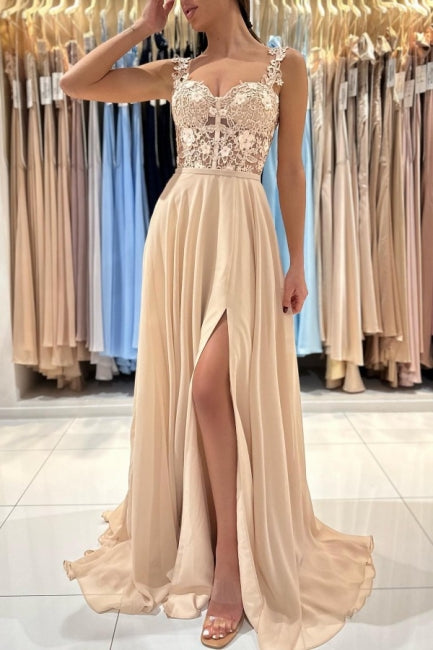 Vestidos de noite simples, longos, em renda champanhe, sem mangas, corte em A, com racha