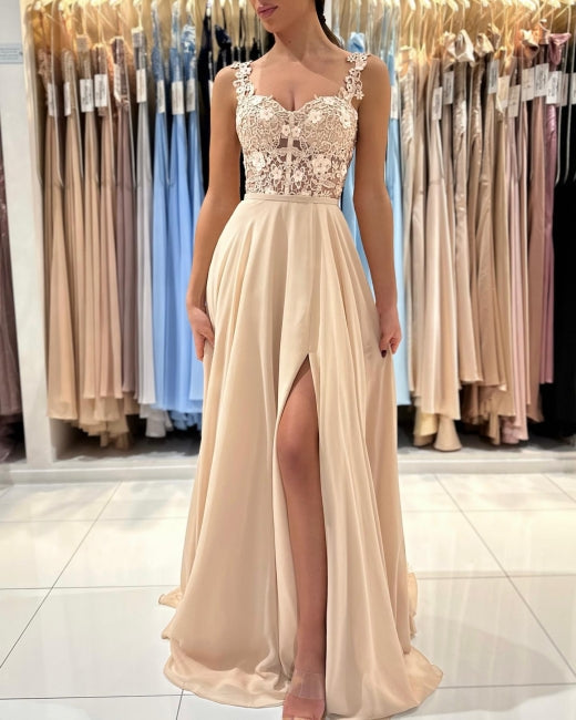 Vestidos de noite simples, longos, em renda champanhe, sem mangas, corte em A, com racha