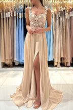 Vestidos de noite simples, longos, em renda champanhe, sem mangas, corte em A, com racha