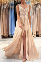 Vestidos de noite simples, longos, em renda champanhe, sem mangas, corte em A, com racha