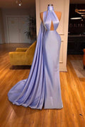 Robe de bal longue simple à col licou en satin style sirène avec volants