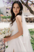 Simple Long Ivory A-line Straps Tulle Sleeveless Wedding Dress with Slit