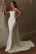 Abito da sposa semplice lungo avorio a sirena senza spalline in raso con pizzo