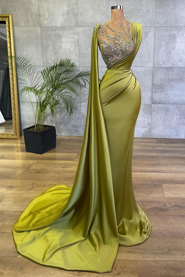 Robe de bal longue simple en satin à coupe sirène avec bijou