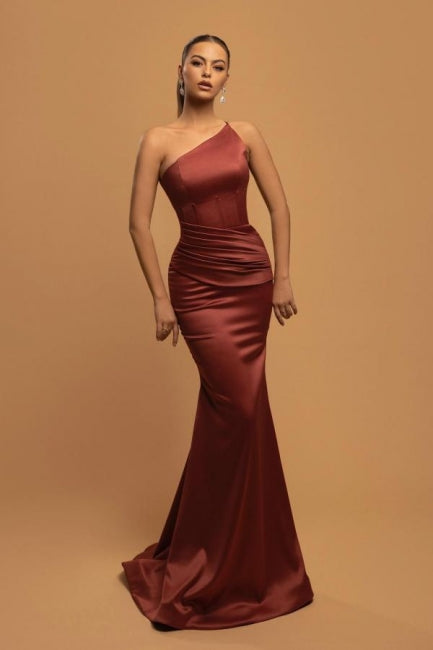 Vestidos de noite simples, longos, sereia, de um ombro só, em cetim