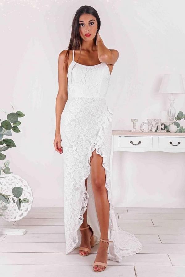 Abito da sposa semplice lungo a sirena senza spalline con sottili bretelle a spaghetto e spacco