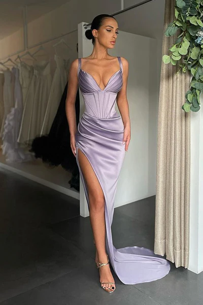 Vestido Simples Longo de Sereia com Decote em V e Sem Mangas para Baile com Fenda