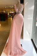 Robe de bal simple longue sirène à larges bretelles avec volants en cristal en mousseline