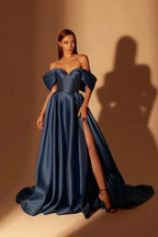 Simple Long Navy Blue A-line Off-the-shoulder Prom Dresses With Slit