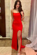 Simple Long Red Sexy Sleeveless Slit Mermaid Prom Dresses