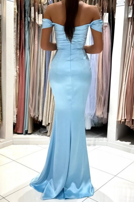Vestidos de noite simples, compridos, azul celeste, ombros descobertos, sereia, sem mangas, com racha