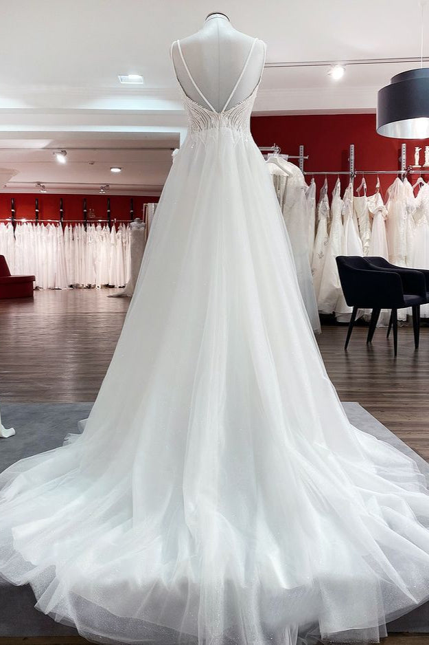 Abito da sposa semplice lungo con scollo a V, paillettes, volant, linea a trapezio, tulle e schiena scoperta