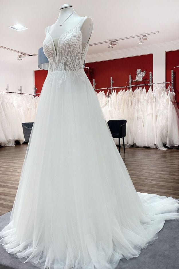 Abito da sposa semplice lungo con scollo a V, paillettes, volant, linea a trapezio, tulle e schiena scoperta