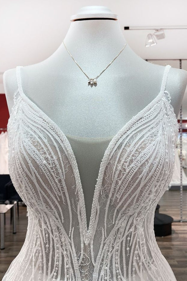 Abito da sposa semplice lungo con scollo a V, paillettes, volant, linea a trapezio, tulle e schiena scoperta