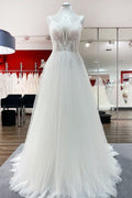 Abito da sposa semplice lungo con scollo a V, paillettes, volant, linea a trapezio, tulle e schiena scoperta