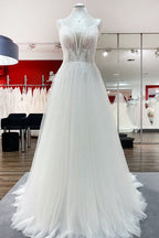 Abito da sposa semplice lungo con scollo a V, paillettes, volant, linea a trapezio, tulle e schiena scoperta