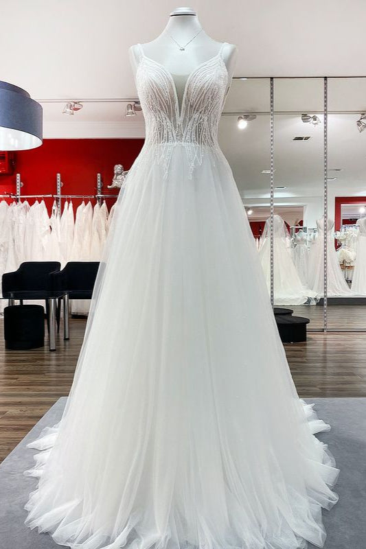 Abito da sposa semplice lungo con scollo a V, paillettes, volant, linea a trapezio, tulle e schiena scoperta
