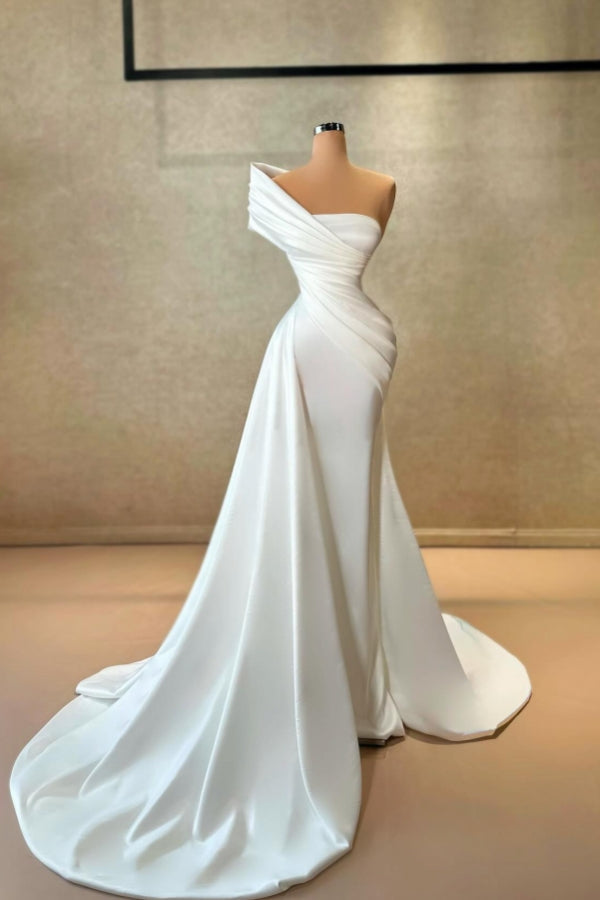 Vestido de novia sencillo, largo, blanco, de sirena, de satén, sin mangas, con un solo hombro