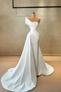 Vestido de novia sencillo, largo, blanco, de sirena, de satén, sin mangas, con un solo hombro