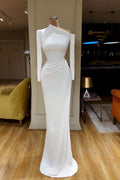 Vestido de novia sencillo, largo, de satén blanco tipo sirena con mangas largas