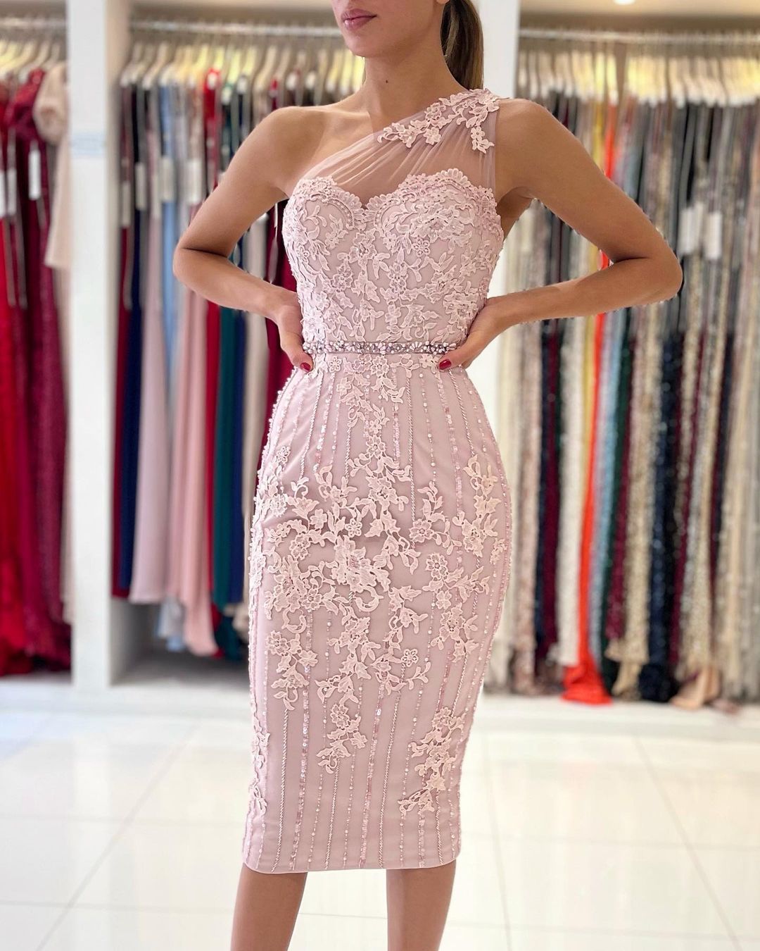 Simple Mermaid One Shoulder Floral Lace Short Formal Party Dress