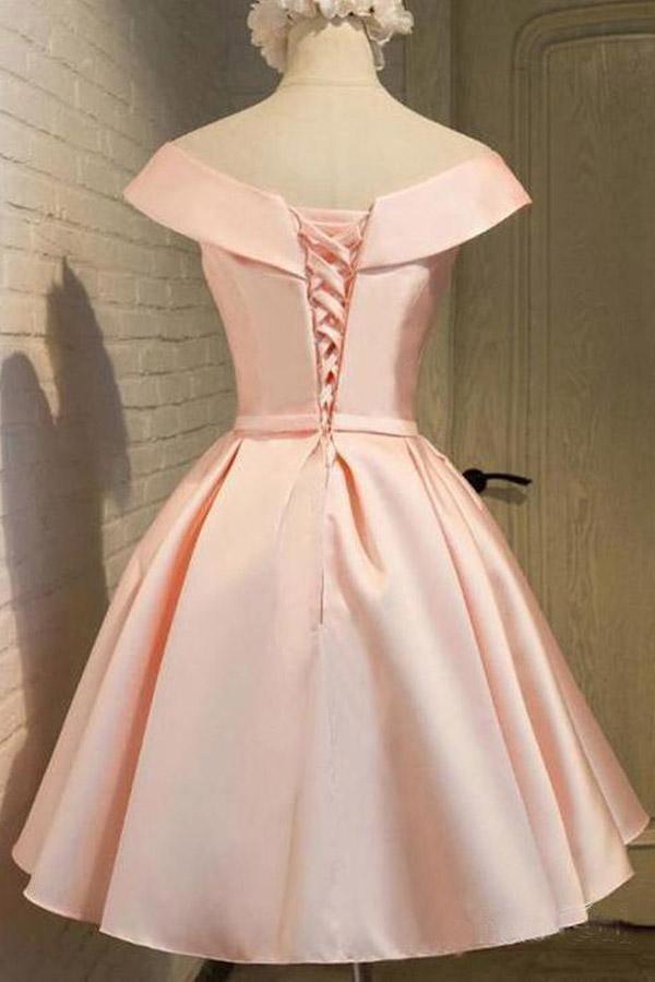 Simple Off the Shoulder Blush Homecoming Dresses Satin Graduation Dress