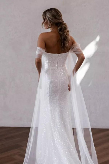 Abiti da sposa semplici con scollo a barca e paillettes a sirena