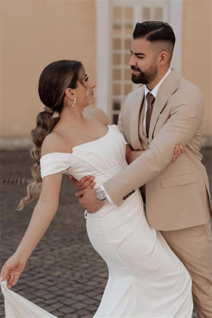 Vestidos de Noiva Simples com Ombros Descobertos, Estilo Sereia, com Fenda