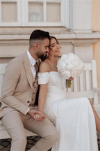 Vestidos de Noiva Simples com Ombros Descobertos, Estilo Sereia, com Fenda