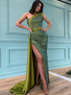 Vestidos de Baile com Lantejoulas, Estilo Sereia, Fenda Lateral e Alça Única Simples