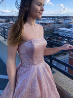 Robes de bal longues roses simples en tulle pailleté sans bretelles, coupe évasée