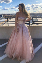 Robes de bal longues roses simples en tulle pailleté sans bretelles, coupe évasée