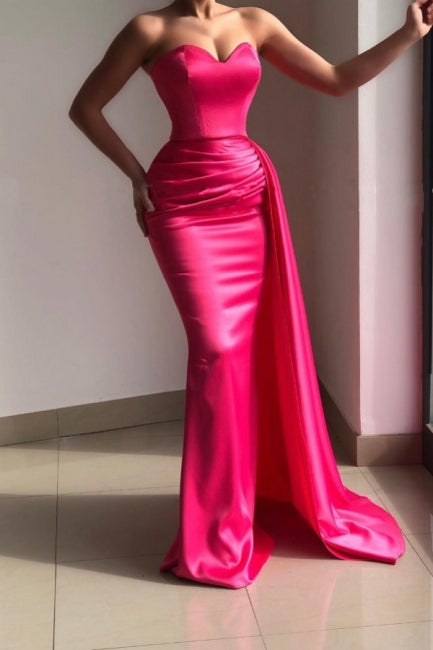 Robe de bal rose simple, sans bretelles ni manches, sirène, élastique, satin tissé avec volants