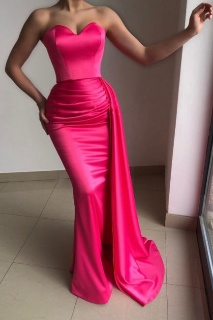 Robe de bal rose simple, sans bretelles ni manches, sirène, élastique, satin tissé avec volants
