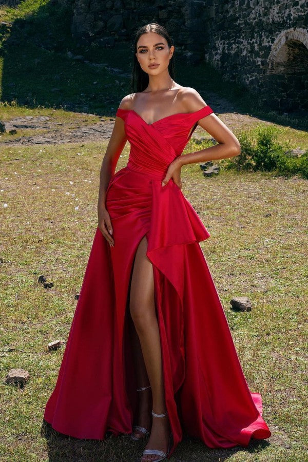 Robe de bal longue rouge simple, ligne A, décolletée épaules dénudées avec fente