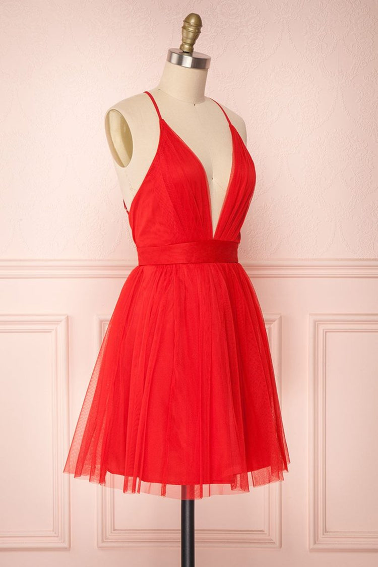 Robe courte de bal de fin d'année en tulle rouge simple, ligne A, col en V, dos nu