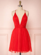 Robe courte de bal de fin d'année en tulle rouge simple, ligne A, col en V, dos nu