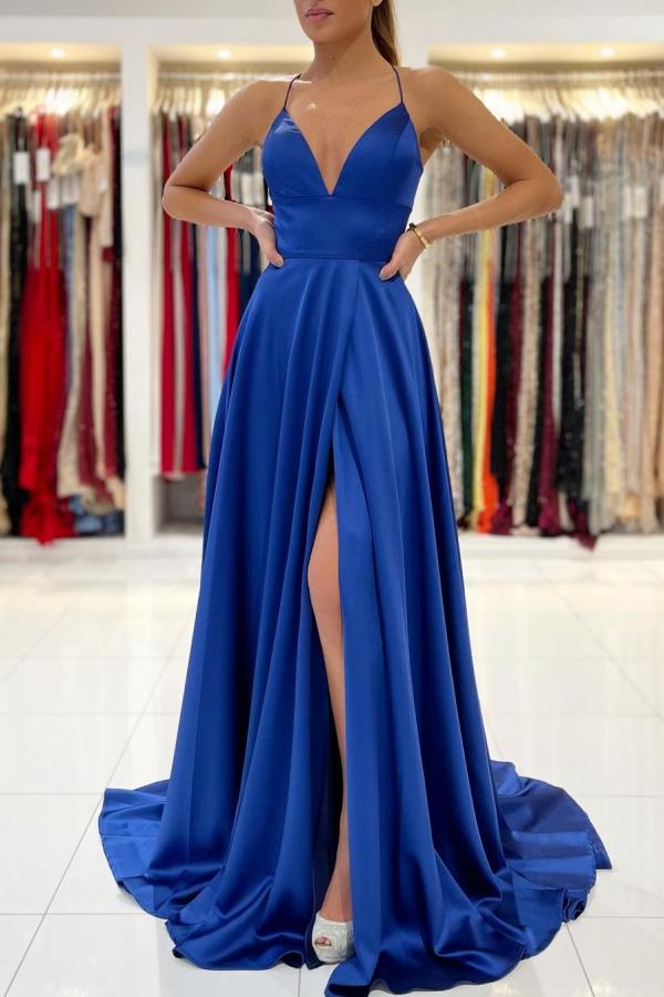 Robe de bal longue simple bleu royal en ligne A, col en V, dos nu avec fente