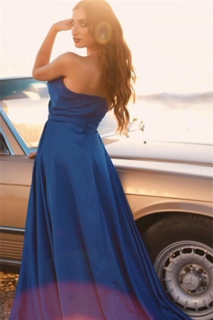 Vestidos de baile simples azul real compridos em linha A sem mangas com racha