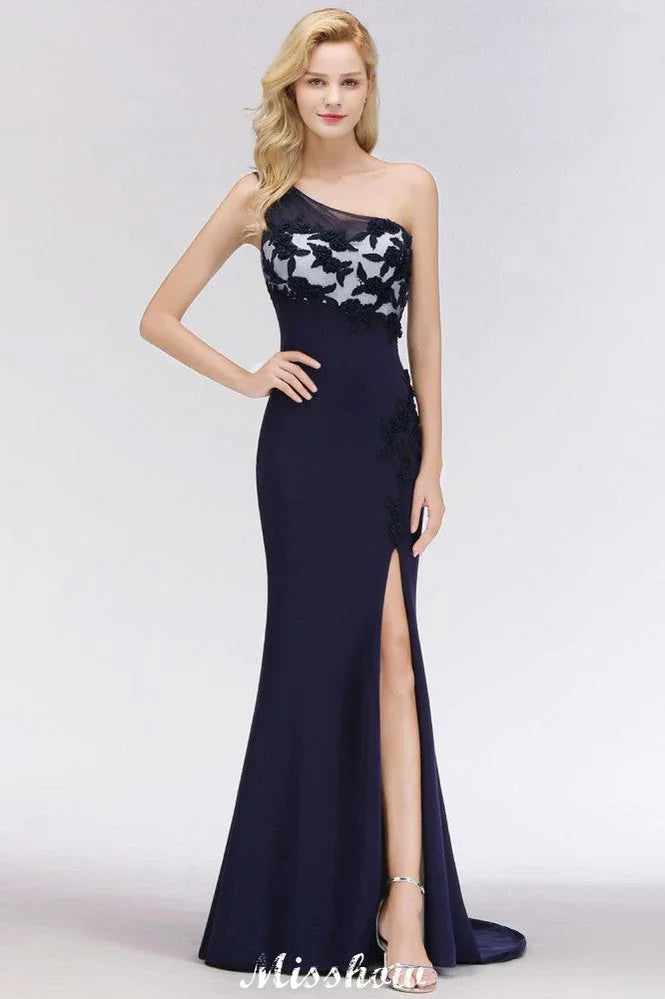 Simple Side Split One-Shoulder Prom Dresses | A-Line Sleeveless Mermaid Floral Appliques Evening Dresses