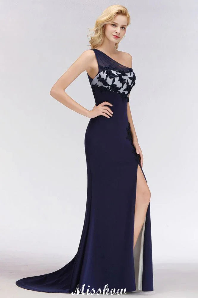 Simple Side Split One-Shoulder Prom Dresses | A-Line Sleeveless Mermaid Floral Appliques Evening Dresses
