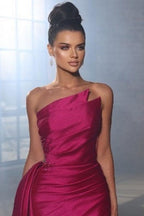 Vestidos Simples de Noite Sem Mangas Fúcsia Vestidos Longos de Baile com Fenda