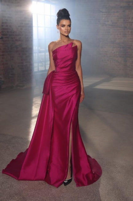 Vestidos Simples de Noite Sem Mangas Fúcsia Vestidos Longos de Baile com Fenda