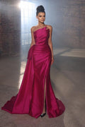 Vestidos Simples de Noite Sem Mangas Fúcsia Vestidos Longos de Baile com Fenda