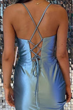 Robe de bal simple en satin sans manches à fines bretelles spaghetti avec fente